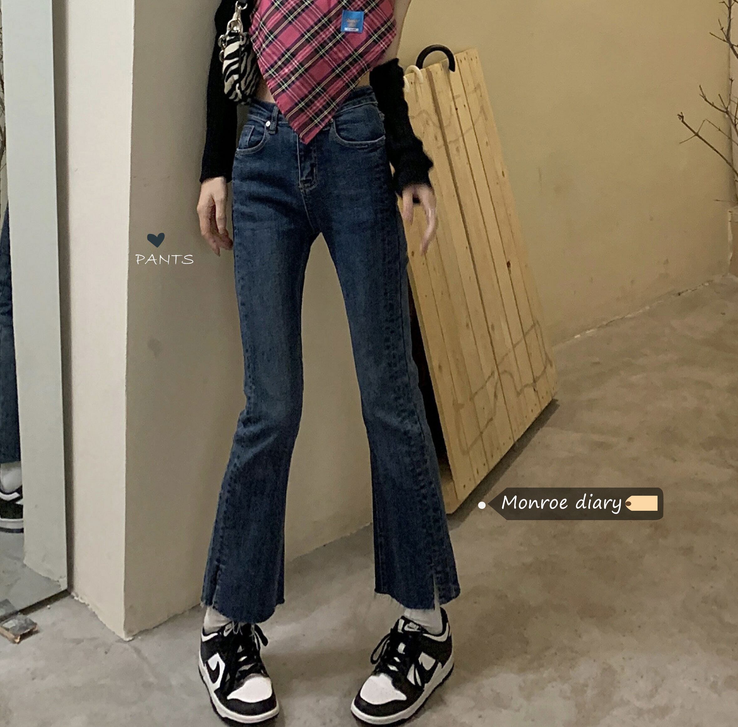 ウェストスリムジーンズ オータムスタンダードクロップドパンツ レッド レトロ 秋物 モンロー78829931634