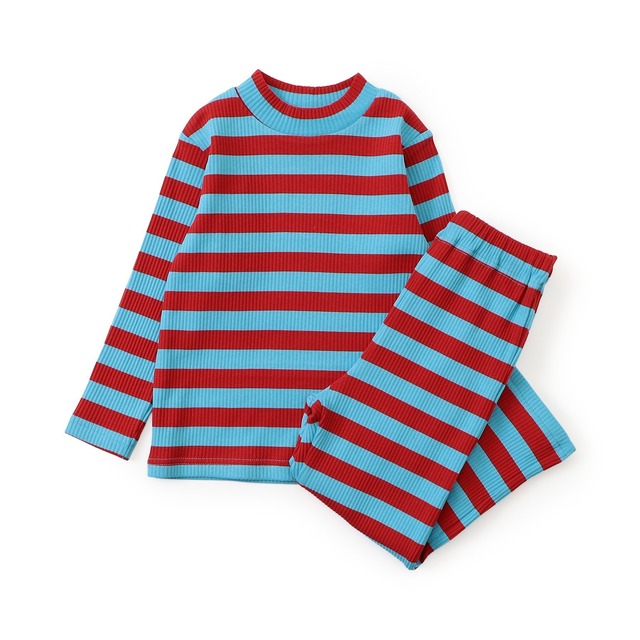 【26AW】F.O/ルームウェア/ブルー【80/90/100/110/120/130/140】リブボーダー パジャマ