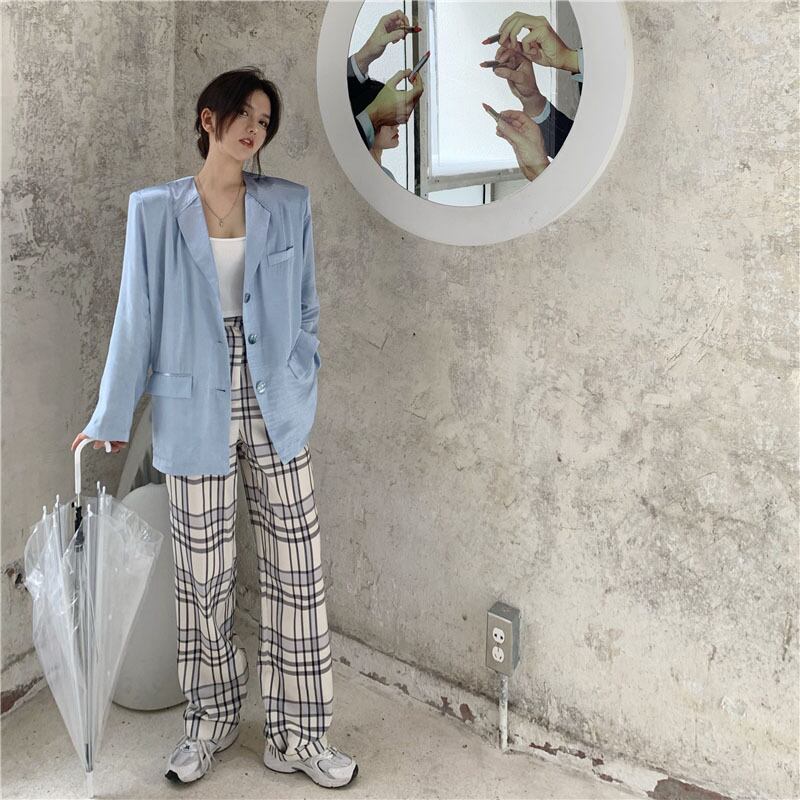 ホワイトチェック柄カジュアルスーツパンツレディース初秋ルーズハイウエストワイドレッグストレートパンツ2020新作スリムパンツ ブラックストロベリース12969669497