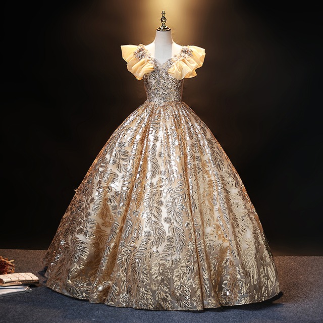 ビーズ刺繍シフォンスリーブドレス　D0253