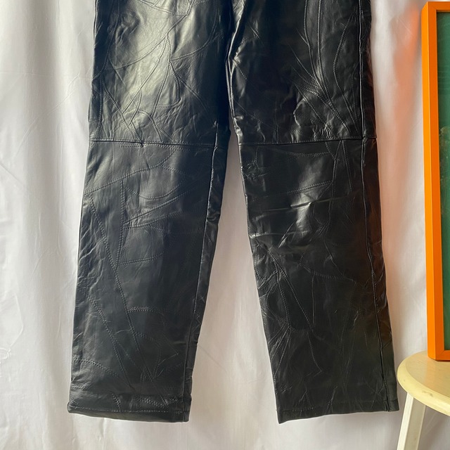 USED leather pants BLACK レザーパンツ パッチワーク ブラック 本革 ラムレザー 羊革 リアルレザー SUN ARBER