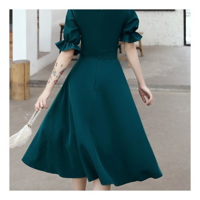 予約販売 結婚式 ワンピース ドレス フェミニン Vネック 可愛い 大人 二次会 パーティー お呼ばれ ワンピース ワンピ グリーン 秋冬 Favoritdress