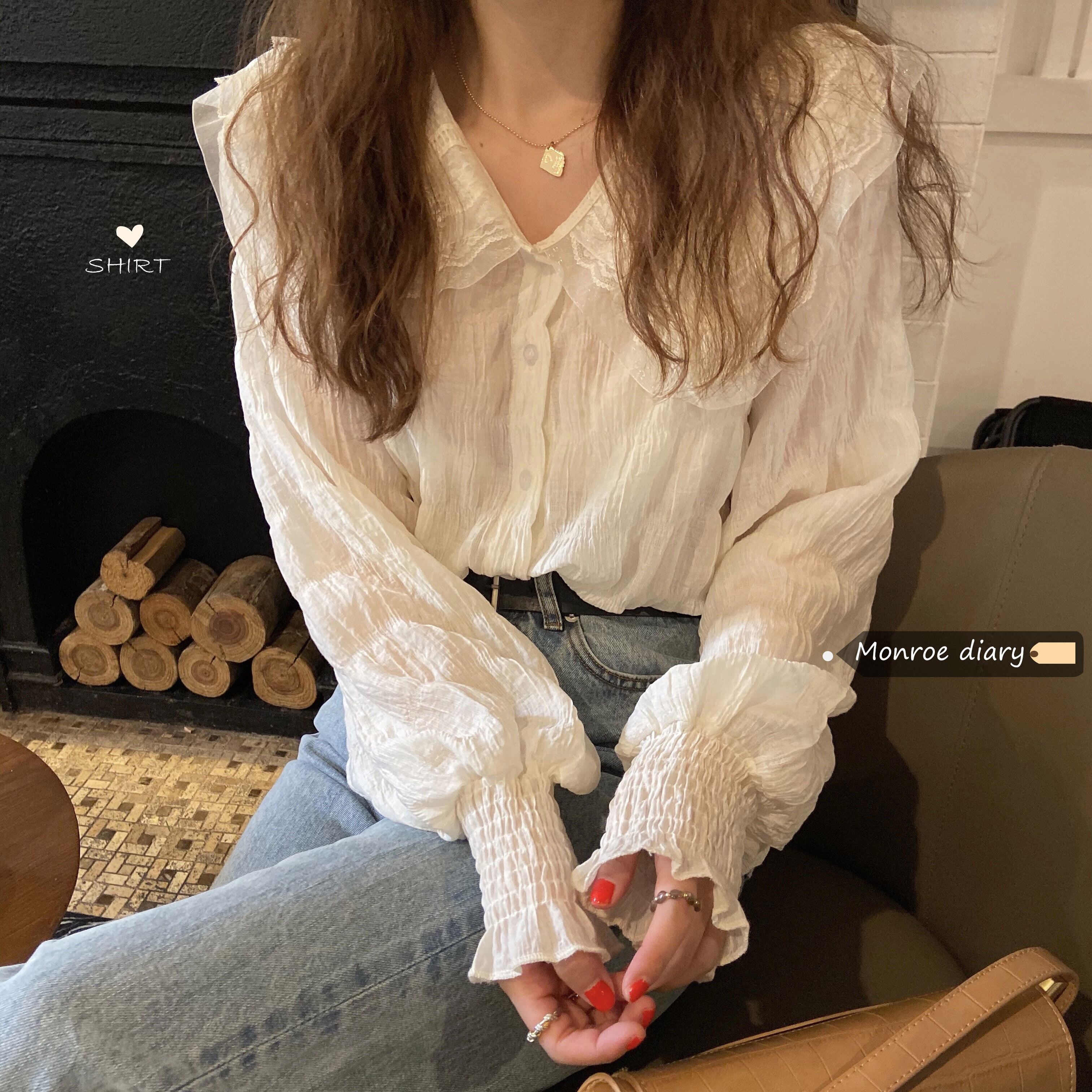 スタンダード薄手メッシュシャツ トップス サマールーズホワイトカジュアル レトロ 夏物 モンロー86524896131