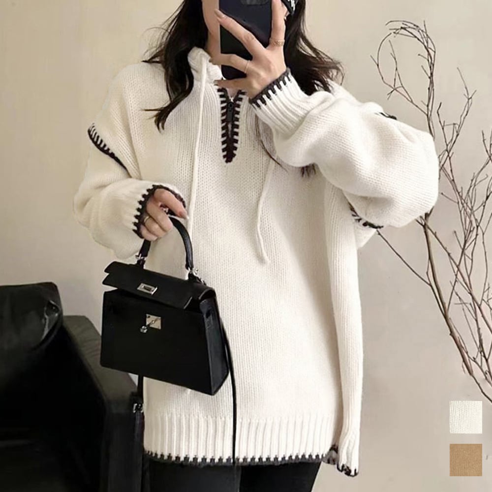 韓国カフェ 韓国ファッション 大人女性 プチプラ フード付きニット