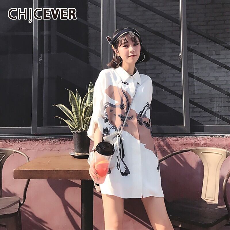 CHICEVERサマーストリートウェアシフォンプリントレディースブラウスラペル長袖ボタンルーズシャツトップ2020 ロング 夏物 6base596283777360