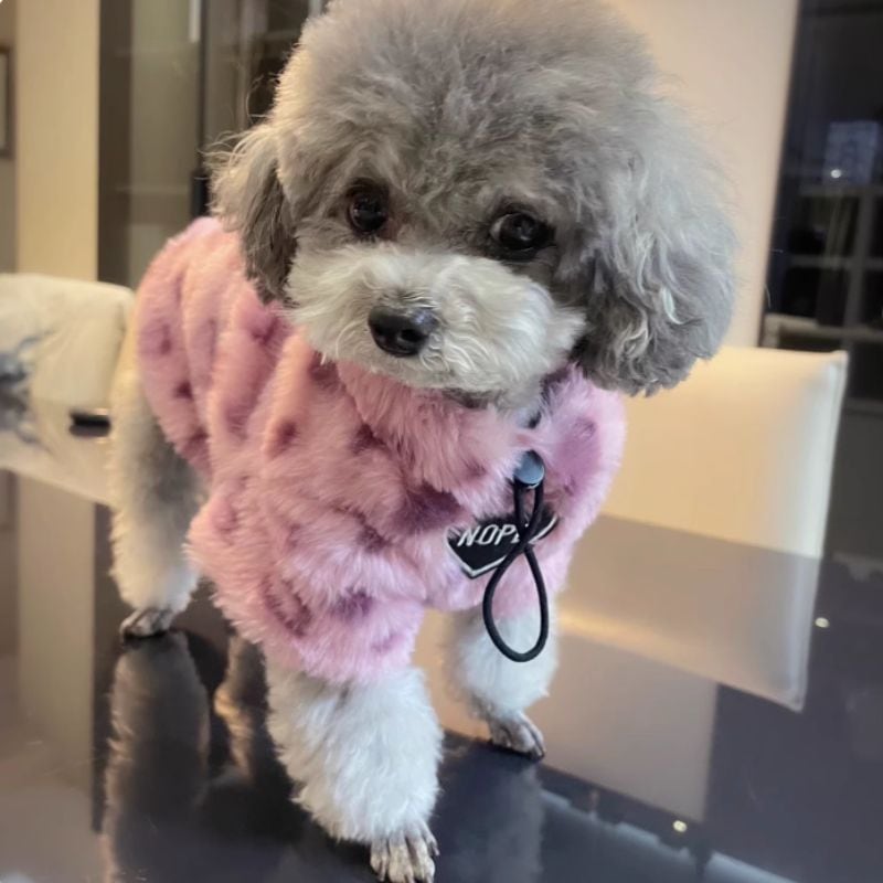 ピンクのヒョウ柄ふわもこボアのトップス 犬服 00556
