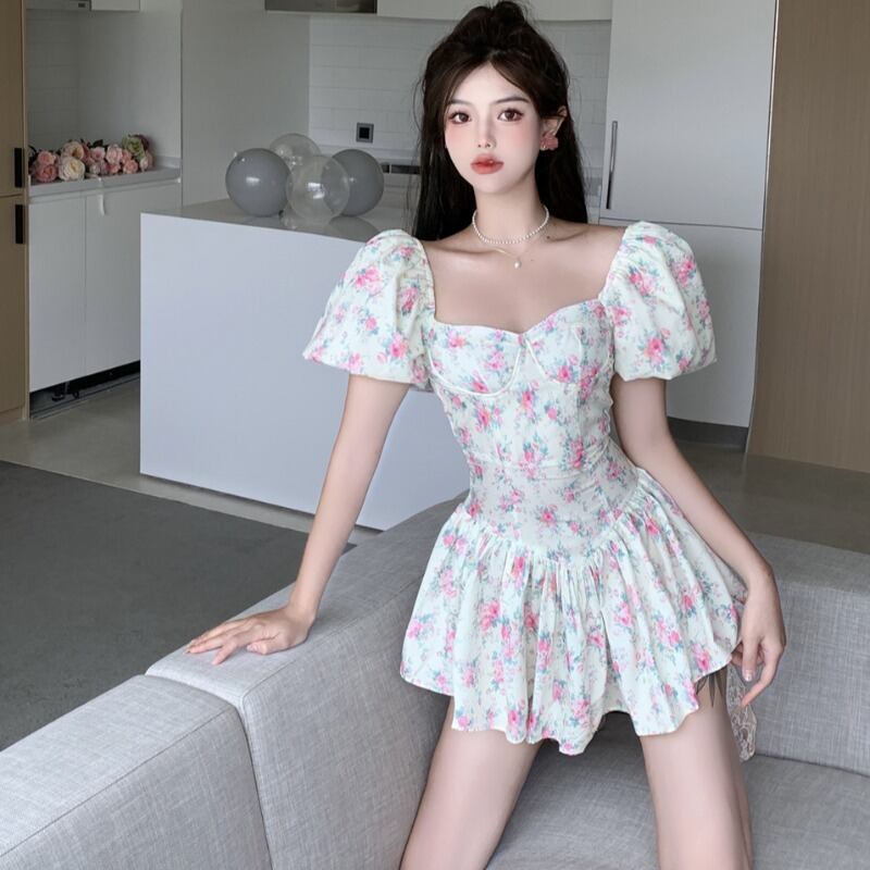 スタイルウェストショートスカート スタンダードカラースリーブAラインドレス レトロ レース スクウェア ハンチェンe11033191735