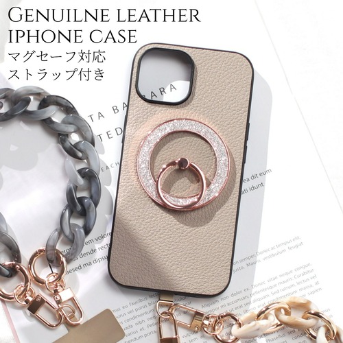 iphone ケース レザー リング付き iphone17 iphone16 iphone15 iphone14 MagSafe マグセーフ ショート ストラップ 本革 アイフォン 17 16 15 14 13 13mini magsafe対応 ゴートレザー 16e 16pro 15pro リング ストラップ付き スタンド マグネット 大人可愛い ラメ 送料無料