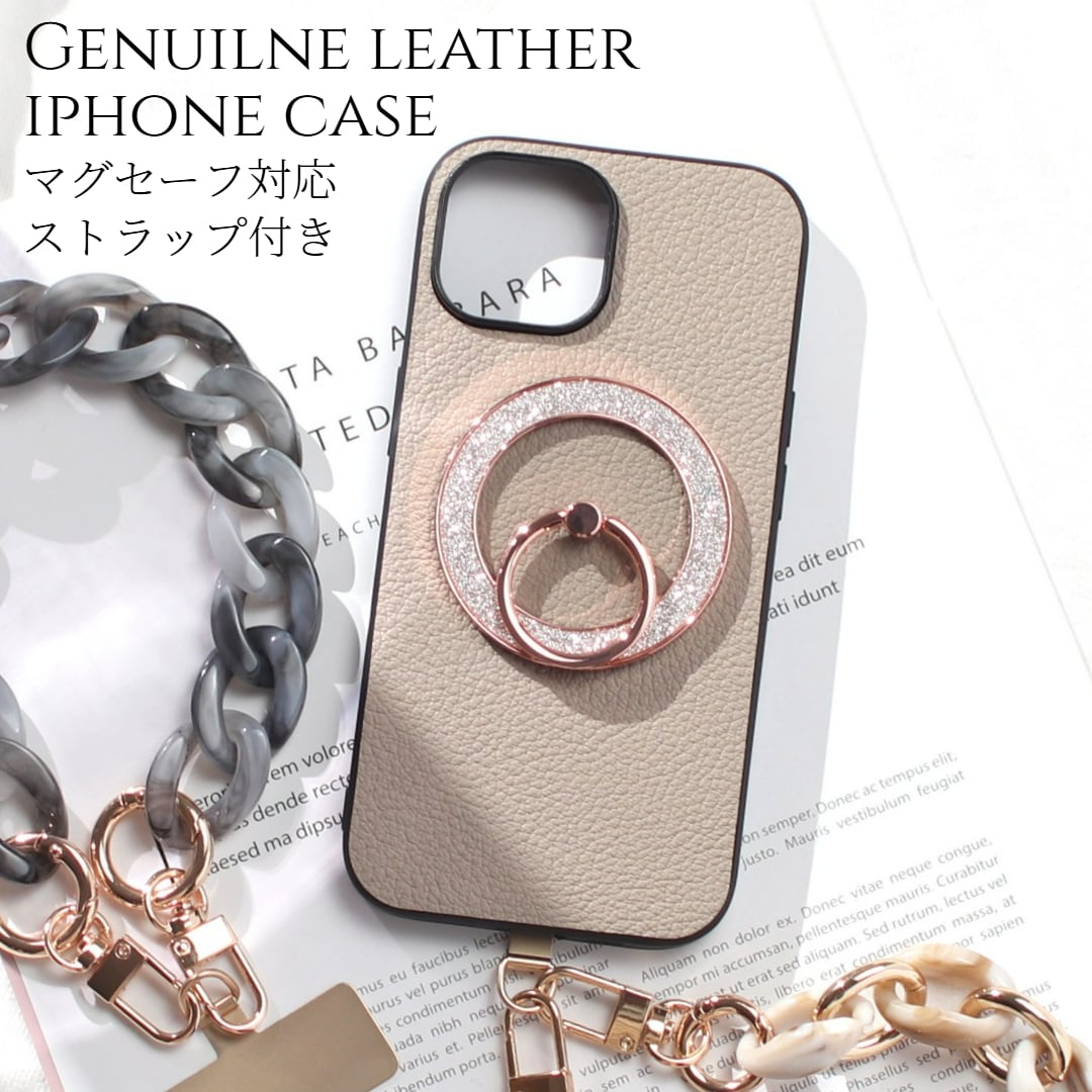 iphone ケース レザー リング付き iphone17 iphone16 iphone15 iphone14 MagSafe マグセーフ ショート ストラップ 本革 アイフォン 17 16 15 14 13 13mini magsafe対応 ゴートレザー 16e 16pro 15pro リング ストラップ付き スタンド マグネット 大人可愛い ラメ 送料無料