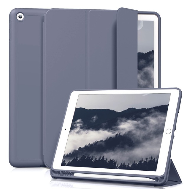 Aoub iPad 9.7 インチ 第5 第6世代 (2018/2017) ケース オートスリープ/ウェイク機能対応 Apple Pencilペン収納・ホルダー付 スマートカバー ソフト TPU 薄型 軽量 耐衝撃 三つ折りスタンド (ブルーグレー)