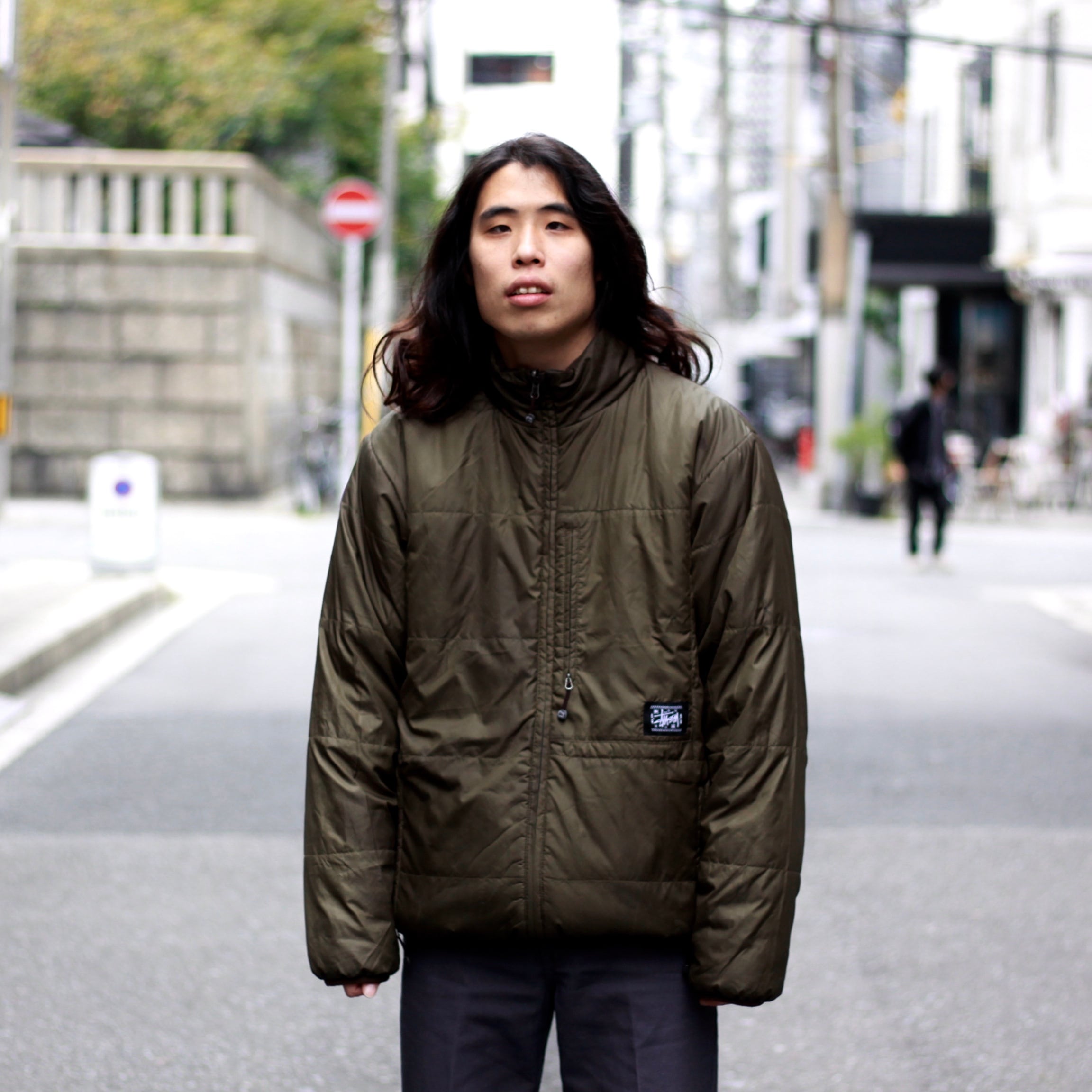 0539. 2000's old stussy reversible puff jacket オリーブ×ブラウン