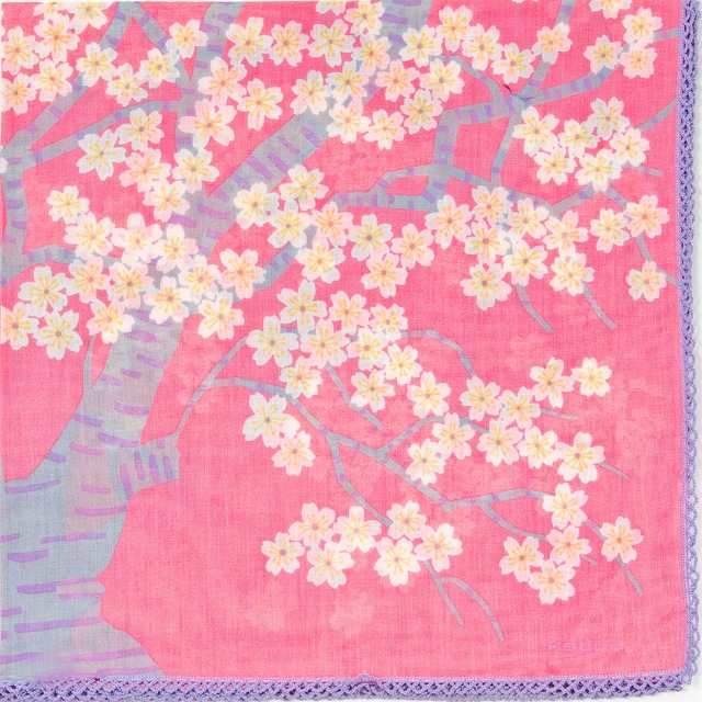 ひびのこづえ 大判ハンカチ 桜の森の満開の下 / ピンク レース付き 刺繍入り 58x58cm KH19-04
