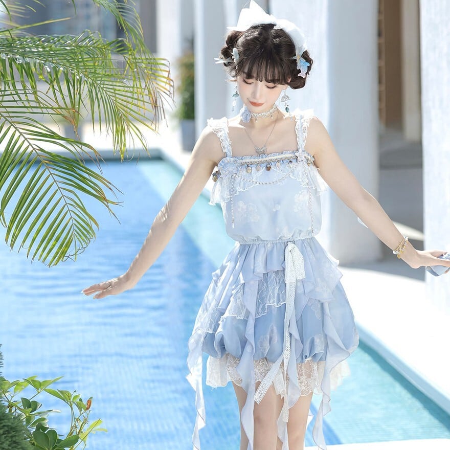 マーメイド風 レースセットアップ ミニスカート アイスブルー リゾート