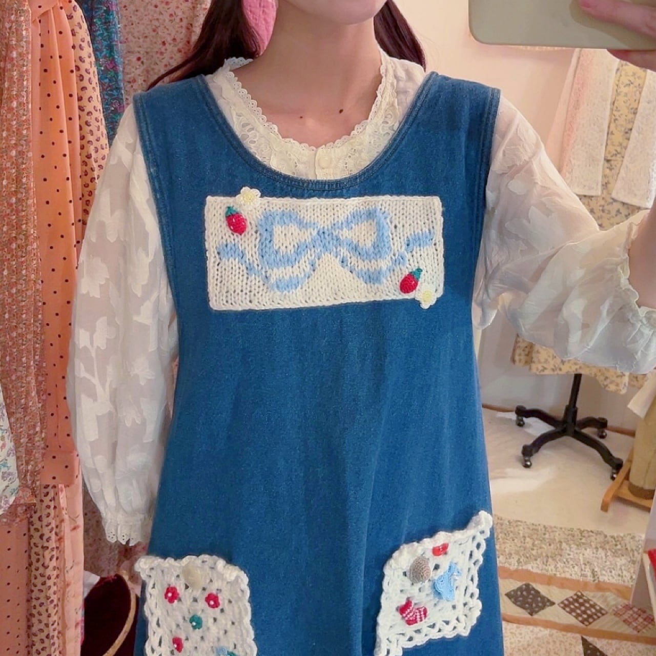 remake ✂︎ blue ribbon frill pocket jumper skirt