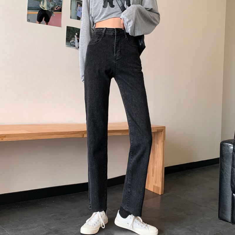 スプリング薄手パンツ ハイウェストウェストブラックスタンダードジーンズ レディース レトロ 春物 スーパーモール65968839134