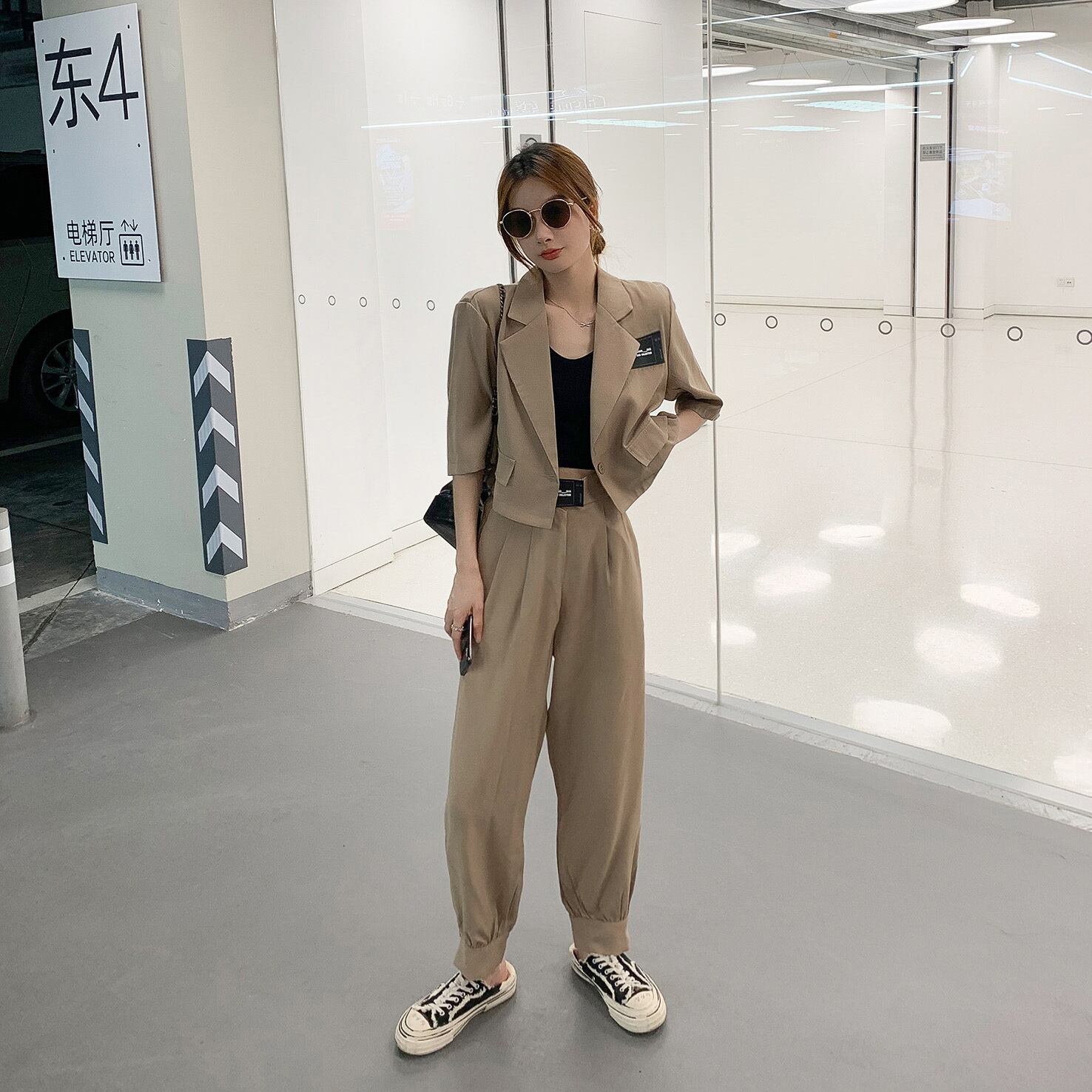 ショートサマーハイウェストウェストワイドレッグカジュアルパンツ トップス レッド 夏物 ワイドパンツ 6Du_Shop_Women82923640301