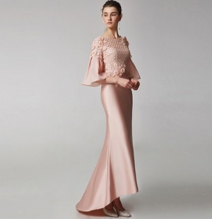 ピンク マキシ丈 フィッシュテール フレアスリーブ 花 パーティードレス ipd0448 