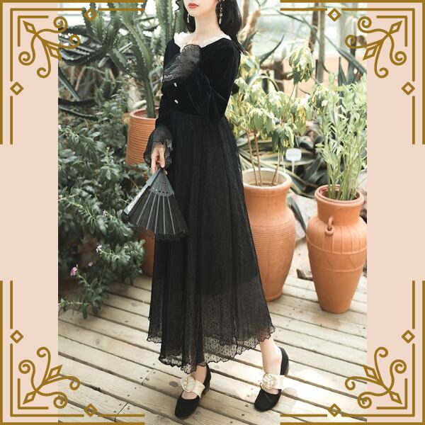 ワンピース チュール ドレス ブラック 再入荷 レッド ♢ブラックチュールスカートのシックワンピース♢trnd902 | Re:tro