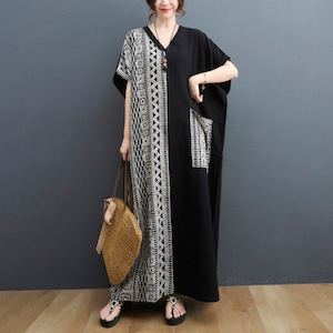 V-NECK HALF SLEEVES WIDE MAXI DRESS 1color M-5125