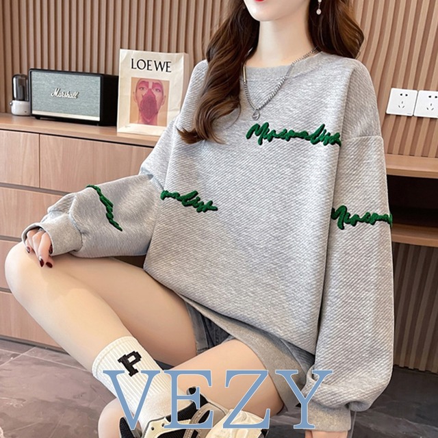 スウェット トレーナー ビッグシルエット ゆったり 長袖プルオーバー 韓国 刺しゅうロゴ ビッグｔシャツ おしゃれ カットソー 体型カバートップス春秋 パーカー トレーナー ベジー VEZY ItemNo.【18881245 】