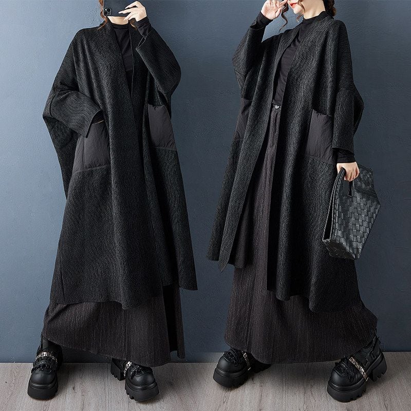 TEXTURED LONG RELAXED PATCHED OPEN FRONT COAT M-18832