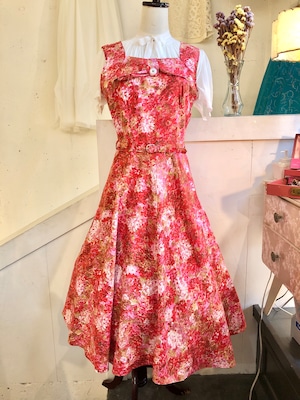 50's pink×red print dress ribbon design with belt