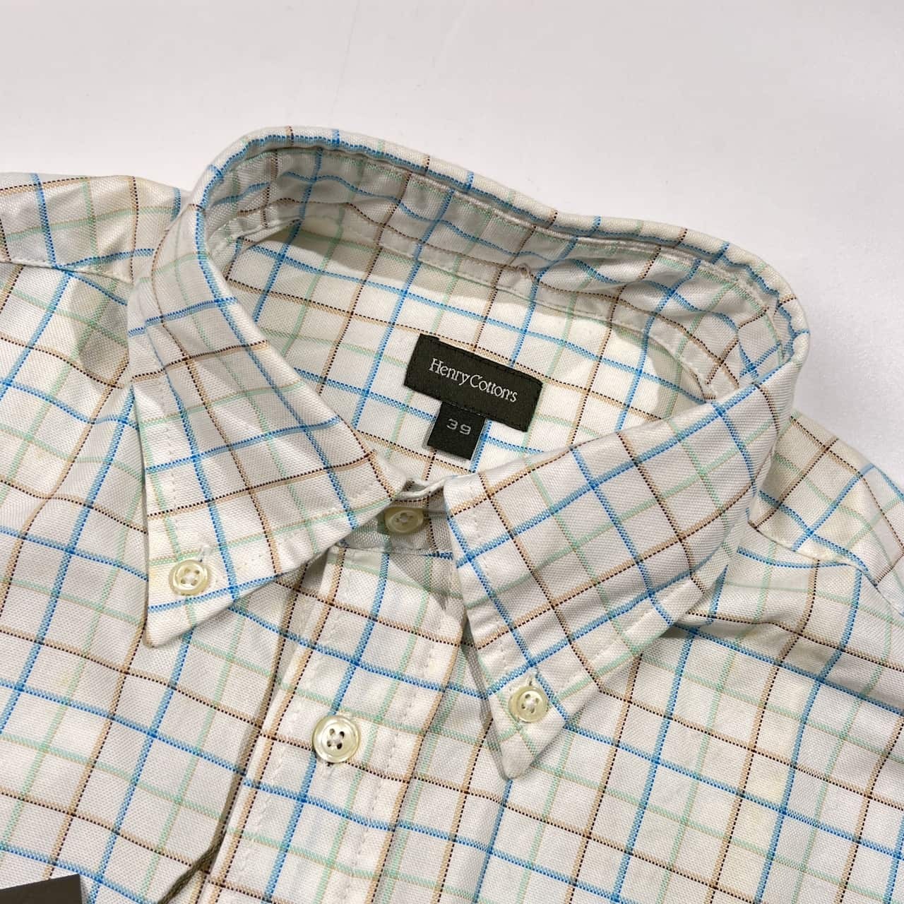 新品 タグ付き Henry Cotton's ヘンリーコットンズ チェック柄 BD ボタンダウン 長袖シャツ 39/ホワイト系 メンズ ブルガリア製