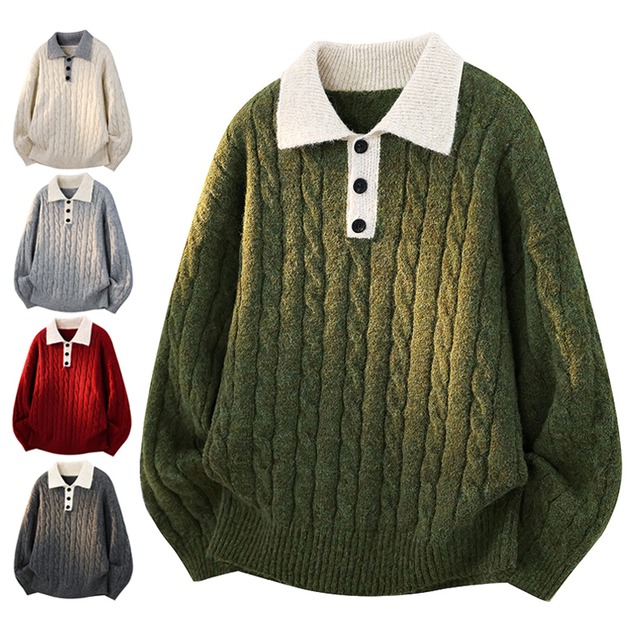 【WSシリーズ】★セーター★ ユニセックス 5color POLOシャツ ニットトップス 灰 赤 緑 カジュアル