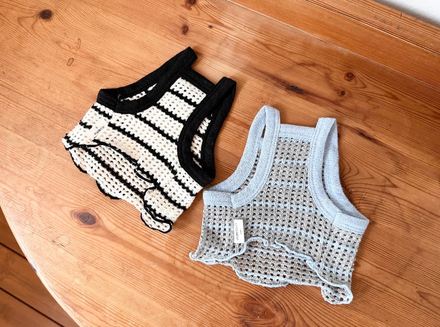 lowell knit crop top XS ~ XL 2color / 犬服 ショート丈 ニット素材 犬 服 夏 ボーダー ストライプ キャミソール 軽量 おぱんつカット タンクトップ 涼しい crop top 薄手 ノースリーブ 可愛い 韓国 ペット服 通気性抜群 犬の服 ドッグウェア 袖なしTシャツ 猫