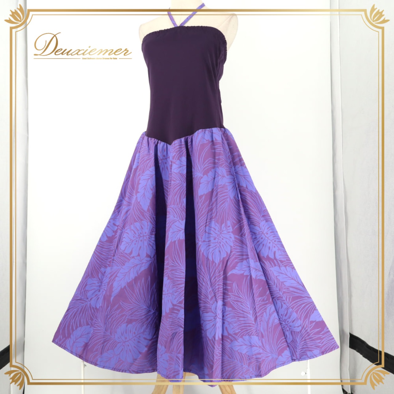 フラダンス 衣装 ALOHA FABRICS アロハファブリック ワンピース ドレス パープル系 モンステラ柄 植物柄 ハワイアンプリント ハワイアン アロハ フラ ダンス レッスン 練習 ハワイアンダンス フレアスカート リボン 紫 青 ブルー系 華やか かわいい おしゃれ 上品 大人っぽい ダンス衣装 練習着 レッスンウェア