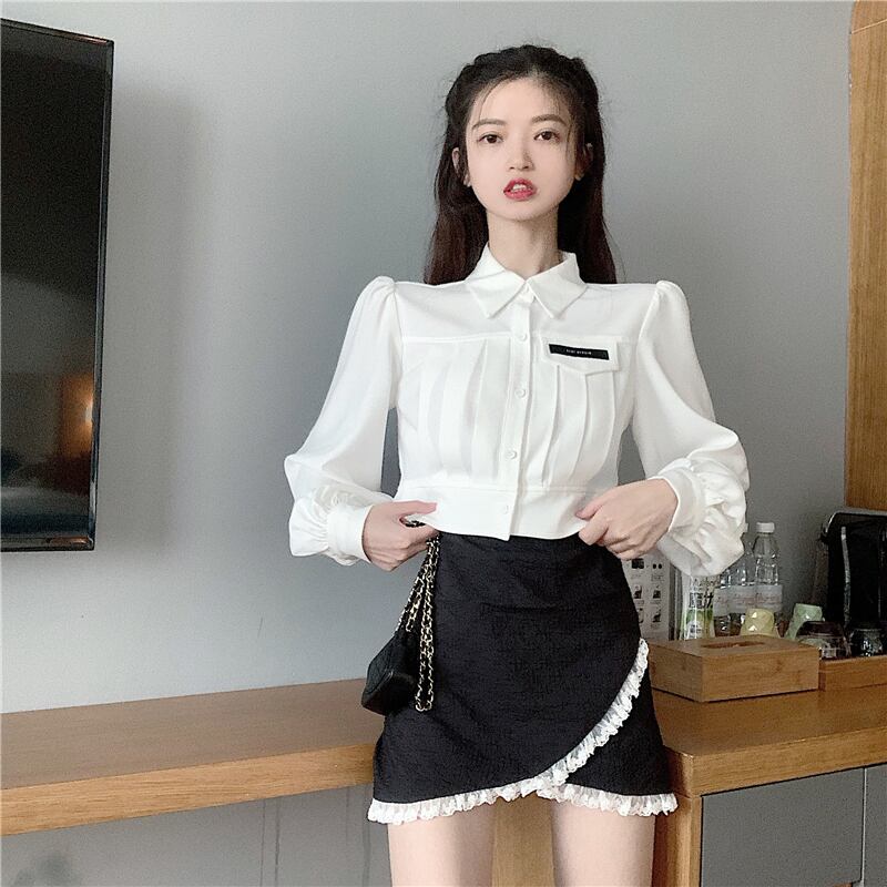 レトロな大学スタイルの白い半シャツ女性の秋の長袖シャツジャケットデザインニッチな学生シャツ ブラックストロベリース62774908032