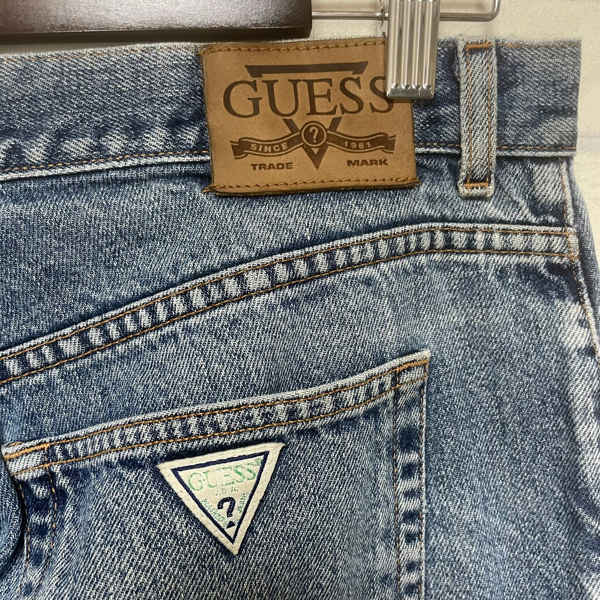 W38×L30#裾上げ済み】【Made in USA】GUESS デニムパンツ 革パッチ 