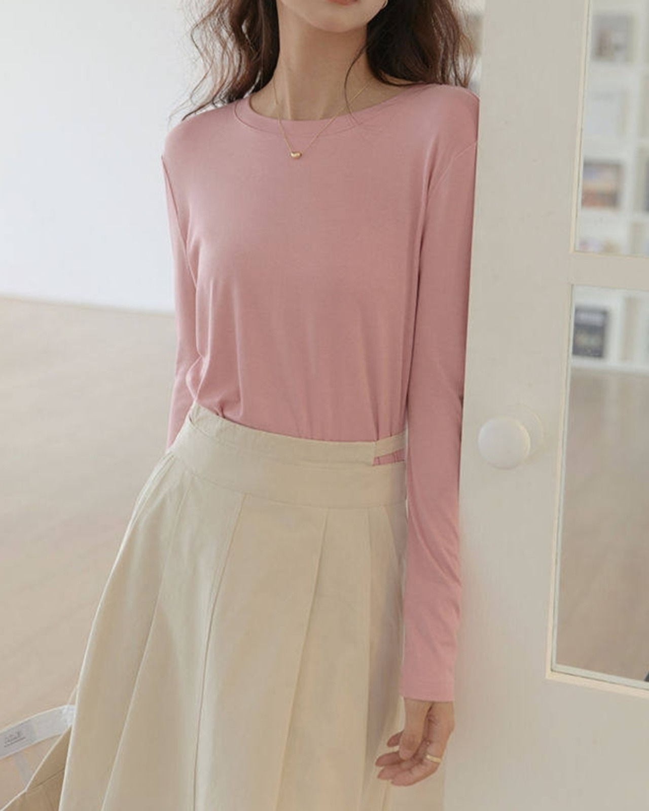 Round neck long sleeve simply tops L0120