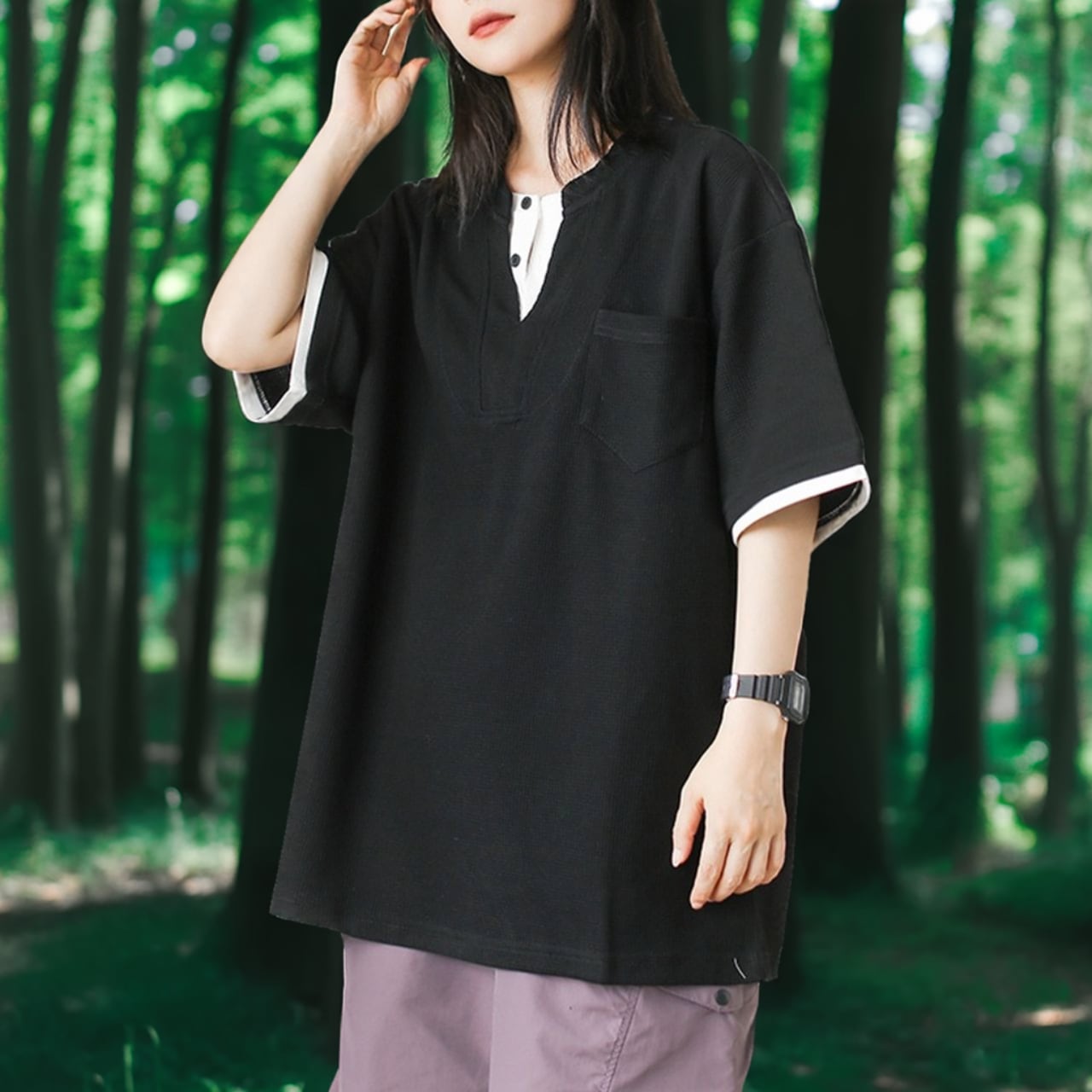 Henley Neck Short Sleeve T-Shirt ‐2col‐ A0432