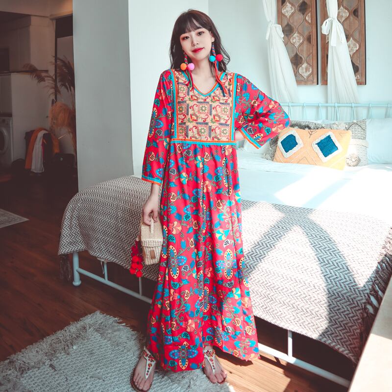 ロングスカート ボヘミアンエスニック刺繍Vネックプリント柄スタンダードドレス サマー レトロ 夏物 延命家ファッション4076260649