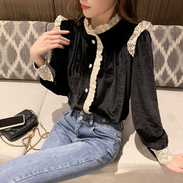 スプリングスタンダードレースシャツ レディースブラックスタイル ロング レトロ 春物 ステッチ 6Du_Shop_Women54791822774