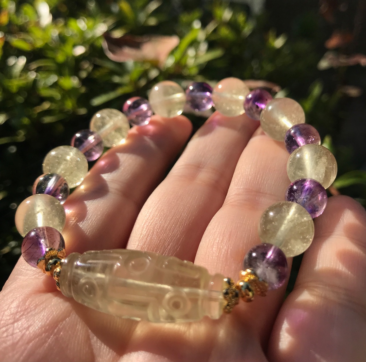 高品質リビアングラス九眼天珠＆アメジストスーパーセブンデザイン  