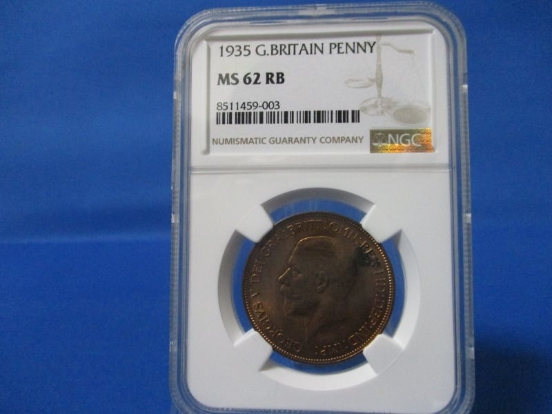 イギリス 1ペニー銅貨☆1935年／未使用／ジョージ5世／NGC MS62