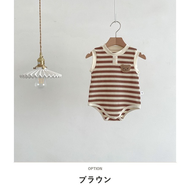 【BABY】くまワッペンストライプノースリーブロンパース - 4