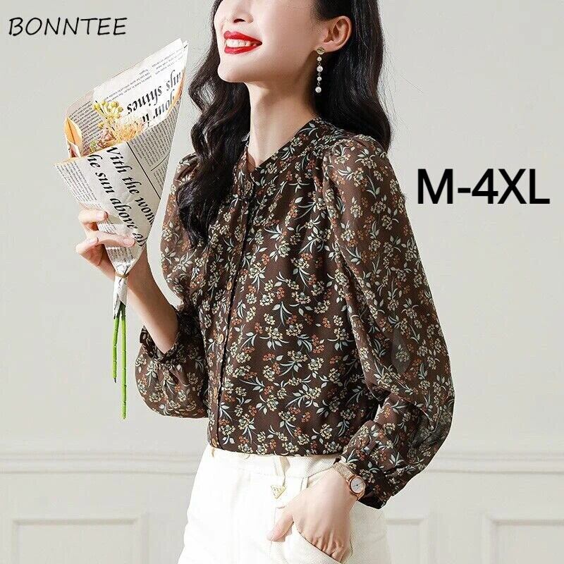 【新作】【送料無料】 シフォン秋ブラウス女性メイラード長袖 V ネック優雅なルーズ花柄ベーシックオールマッチ年齢軽減女性シック 0211030514553