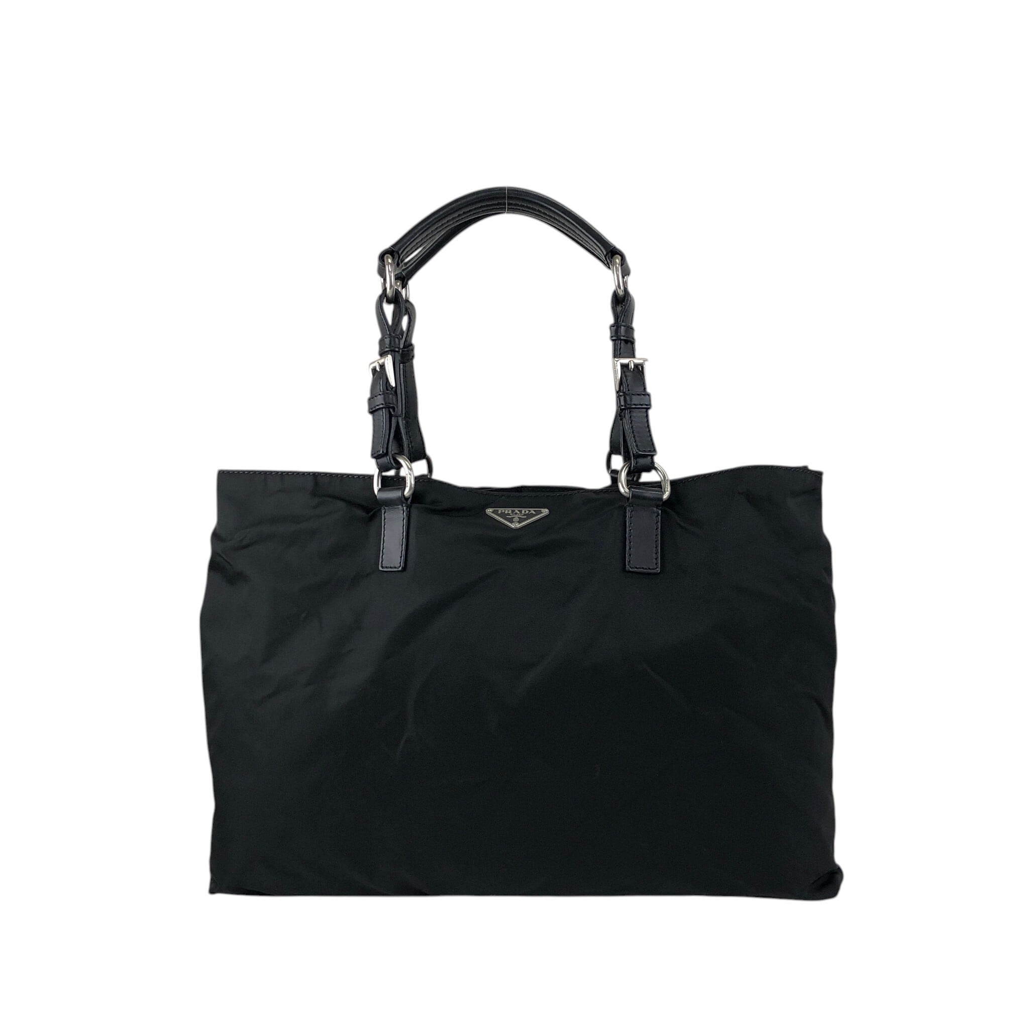 PRADA プラダ トートバッグ ナイロン ロゴプレート レザーハンドル 黒 PRADA プラダ ハンドバッグ ブラック トライアングルロゴ ナイロン