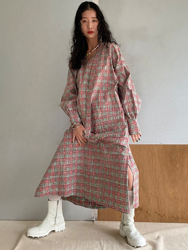 Two way raglan sleeve bow tie long dress "block print red & green check" organic cotton