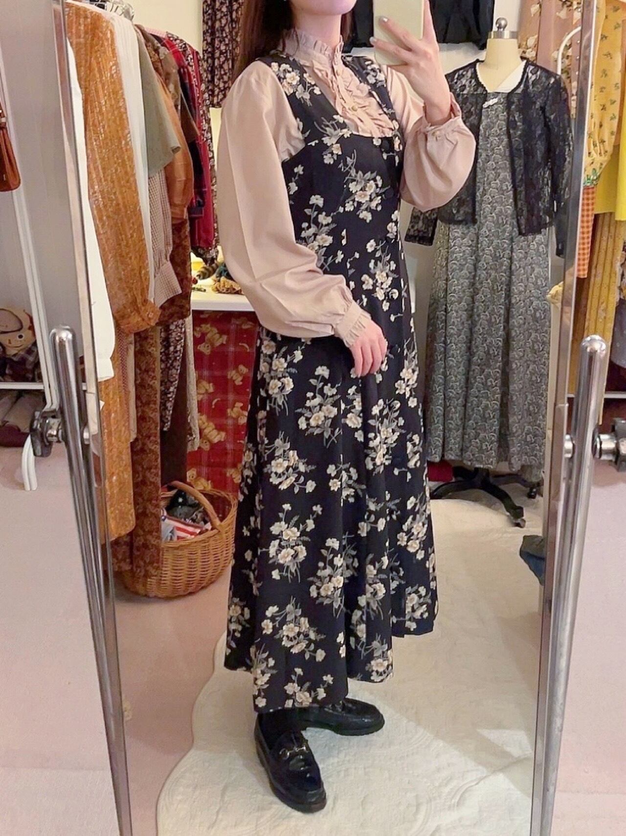 black flower front button jumper skirt