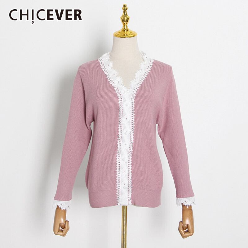 CHICEVERニットプルオーバーVネックパフスリーブパッチワークルーズレースヒットカラートップセーター2021 6base539383817372