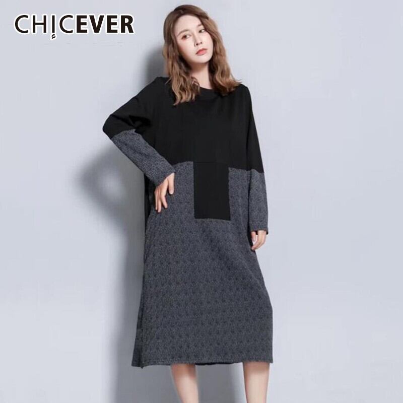 CHICEVERオータムドレスレディースOネック長袖ヒットカラールーズオーバーサイズミディドレス洋服2020 ロング 秋物 6base53257600808