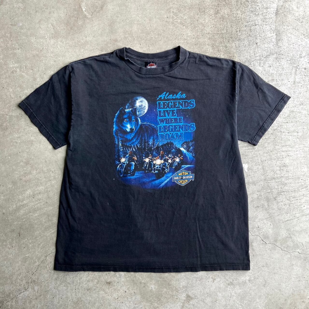 ビッグサイズ 90年代 USA製 Harley-Davidson ハーレーダビッドソン オオカミ 両面プリント Tシャツ メンズXXL 古着 90S  ビンテージ ヴィンテージ モーターサイクル バイクTシャツ フロントロゴ バックプリント アニマルプリント 動物 狼 フェードブラック 墨黒