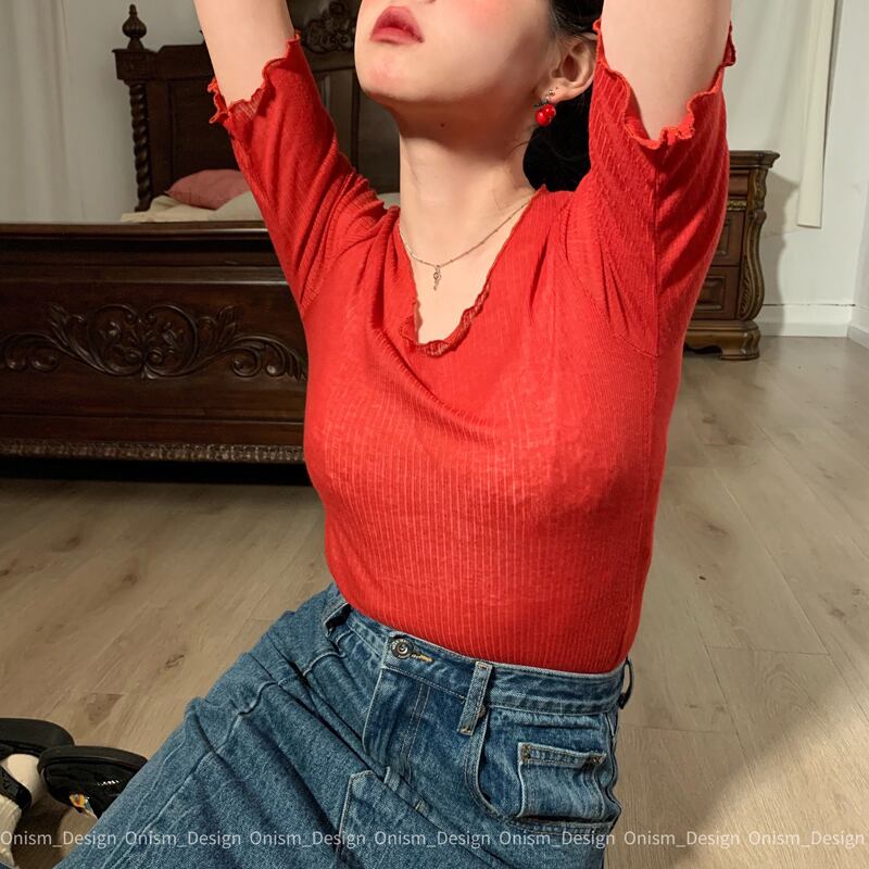 Tシャツ トップス スプリングサマー レッド 春物 夏物 ビッグFスモールZ韓国99005094047