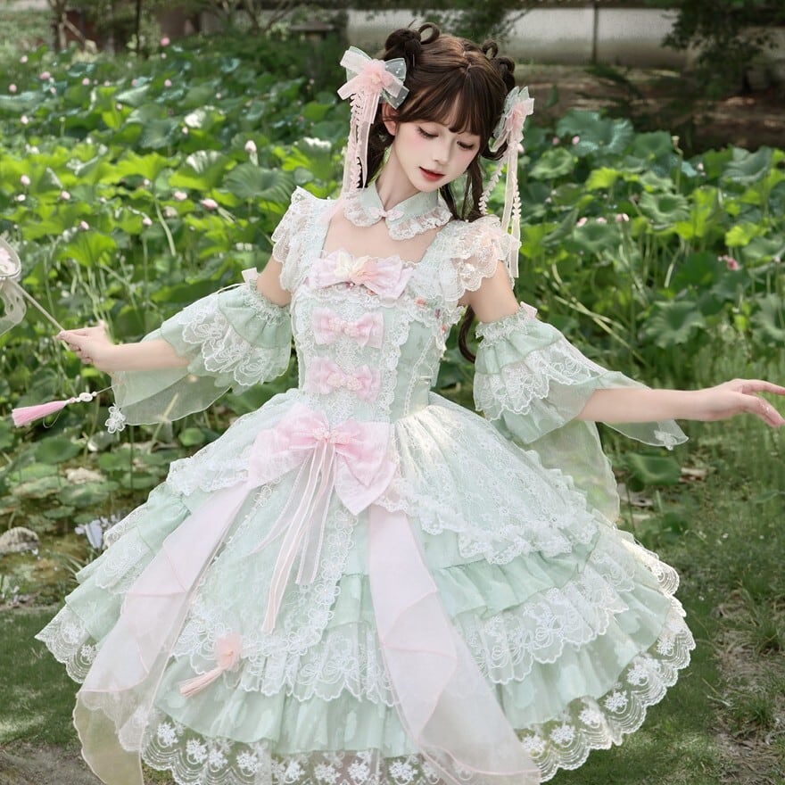 ロリータファッション 甘ロリ 若草色・ピンク・紫 レースリボン付け袖