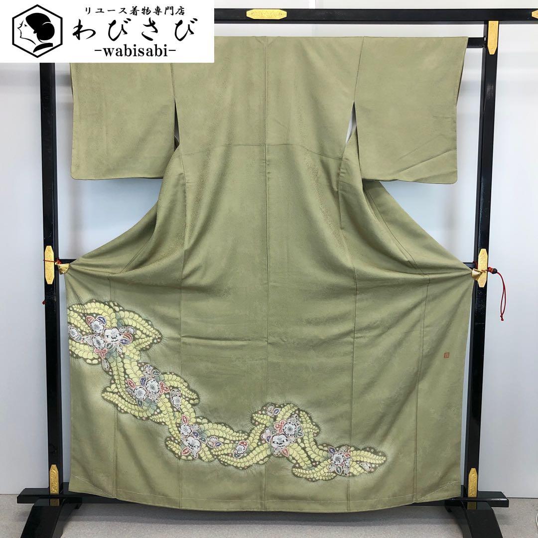 ☆ 付下げ 和田光正 光映箔 扇子に梅の花模様 薄香色 ガード加工 K-4998 付下げ 和田光正 光映箔 扇子に梅の花模様 薄香色