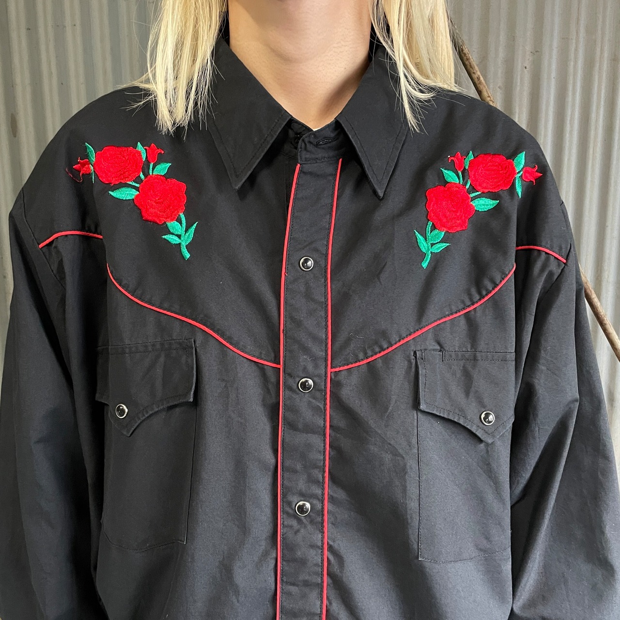 90年代 ELY DIAMOND 薔薇 花刺繍 長袖 ウエスタンシャツ メンズXL 古着 